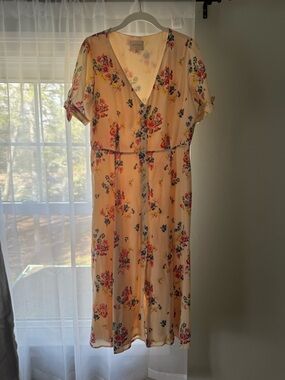 Sezane Cream Floral V-Neck Midi Dress with Pink & Blue Bouquets
